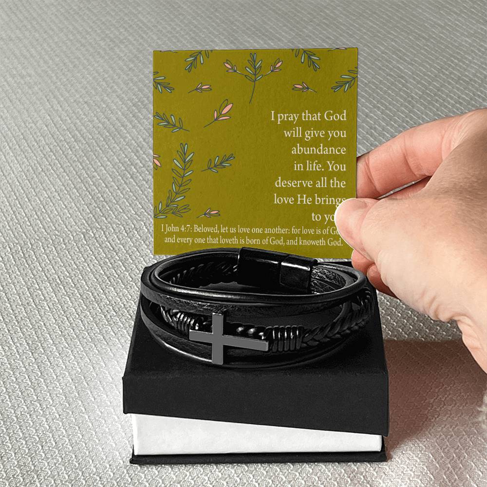 God's Love Faith 1 John 4 :7 Men's Stainless Steel & Vegan Leather Cross Bracelet - Vegan Leather with Stainless Steel-Express Your Love Gifts