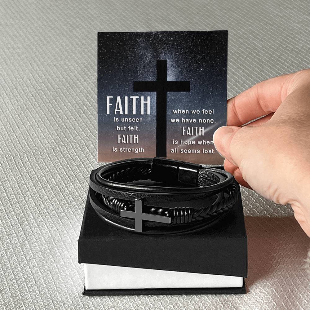 Faith is Unseen But Felt Men's Stainless Steel & Vegan Leather Cross Bracelet - Vegan Leather with Stainless Steel-Express Your Love Gifts