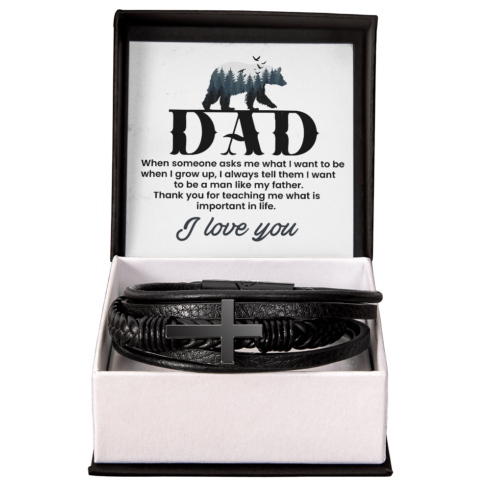 Man Like My Father Men's Cross Bracelet - Vegan Leather with Stainless Steel-Express Your Love Gifts