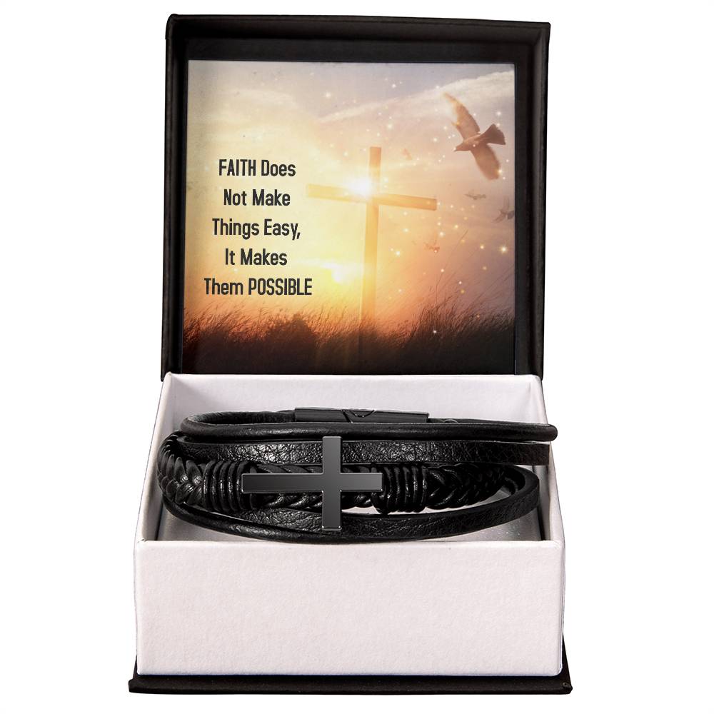 Faith Does Not Make Things Easy Luke 1:37 Men's Stainless Steel &amp; Vegan Leather Cross Bracelet - Vegan Leather with Stainless Steel-Express Your Love Gifts