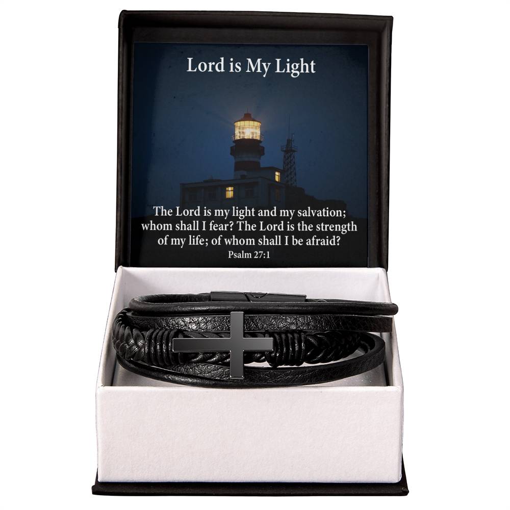 Lord is My Light Psalm 27:1 Men's Stainless Steel &amp; Vegan Leather Cross Bracelet - Vegan Leather with Stainless Steel-Express Your Love Gifts