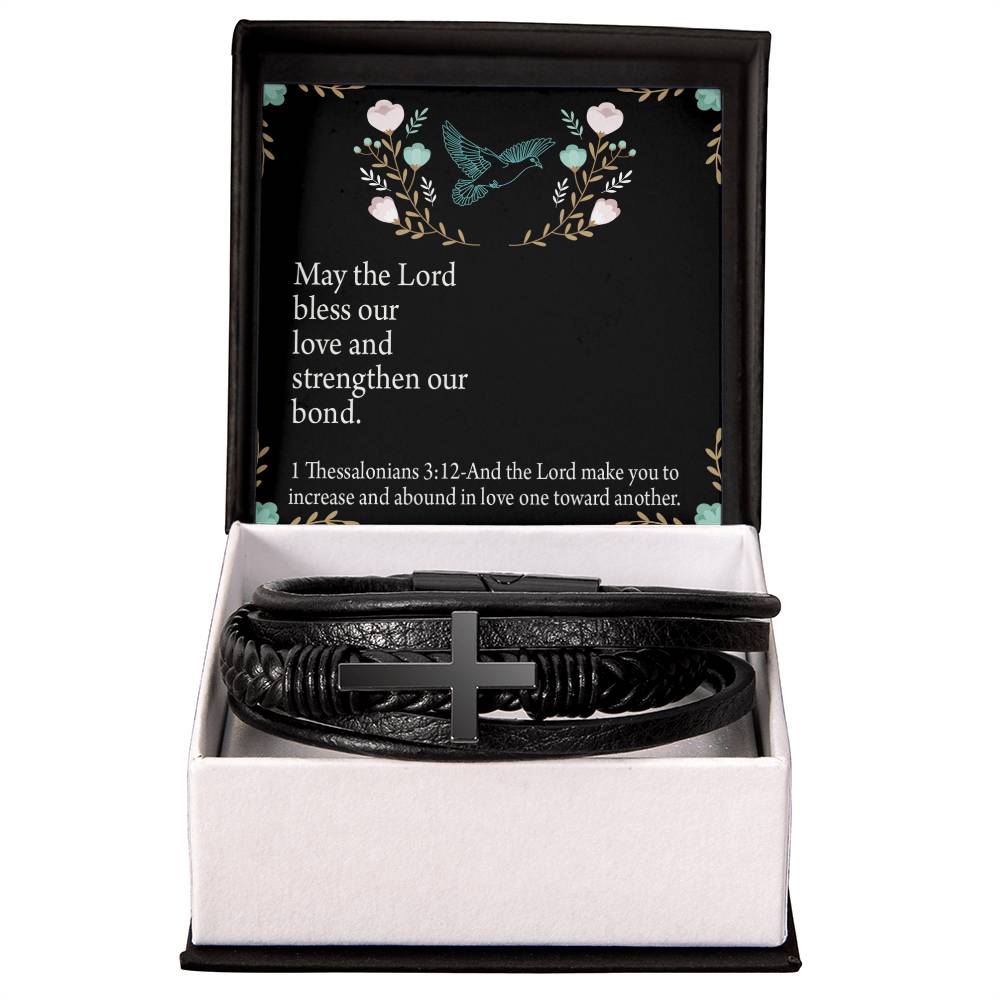 Lord Bless Our Love 1 Thessalonians 3:12 Men's Stainless Steel &amp; Vegan Leather Cross Bracelet - Vegan Leather with Stainless Steel-Express Your Love Gifts