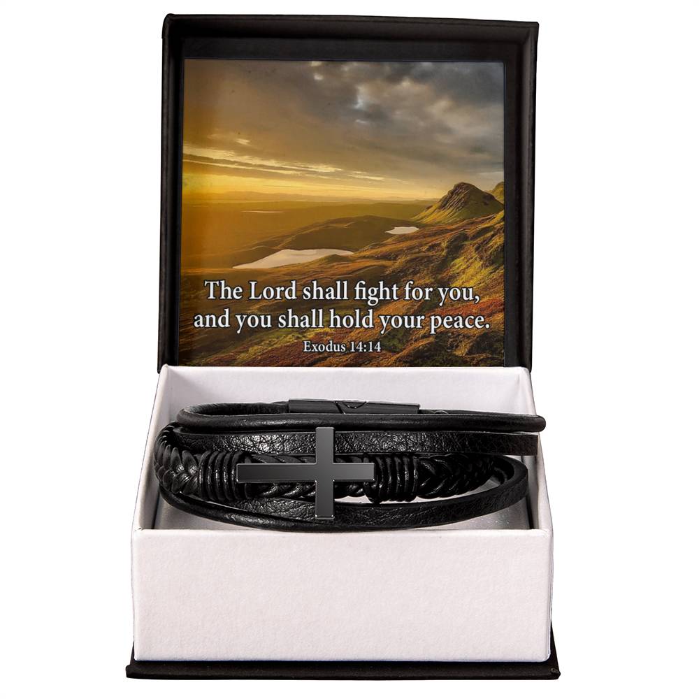 The Lord Shall Fight For You Exodus 14:14 Men's Stainless Steel & Vegan Leather Cross Bracelet - Vegan Leather with Stainless Steel-Express Your Love Gifts