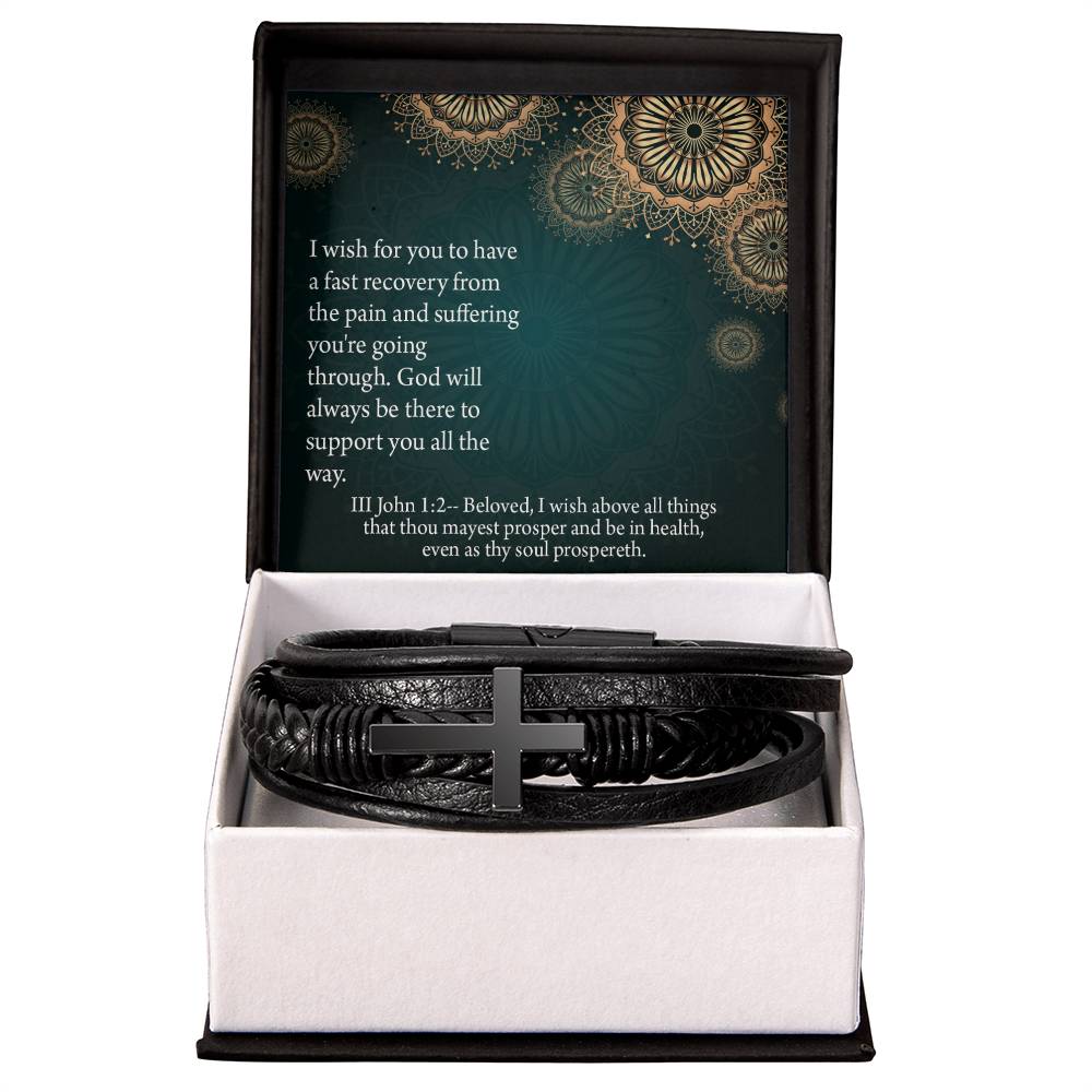 Get Well God's Support 3 John 1:2 Men's Stainless Steel & Vegan Leather Cross Bracelet - Vegan Leather with Stainless Steel-Express Your Love Gifts