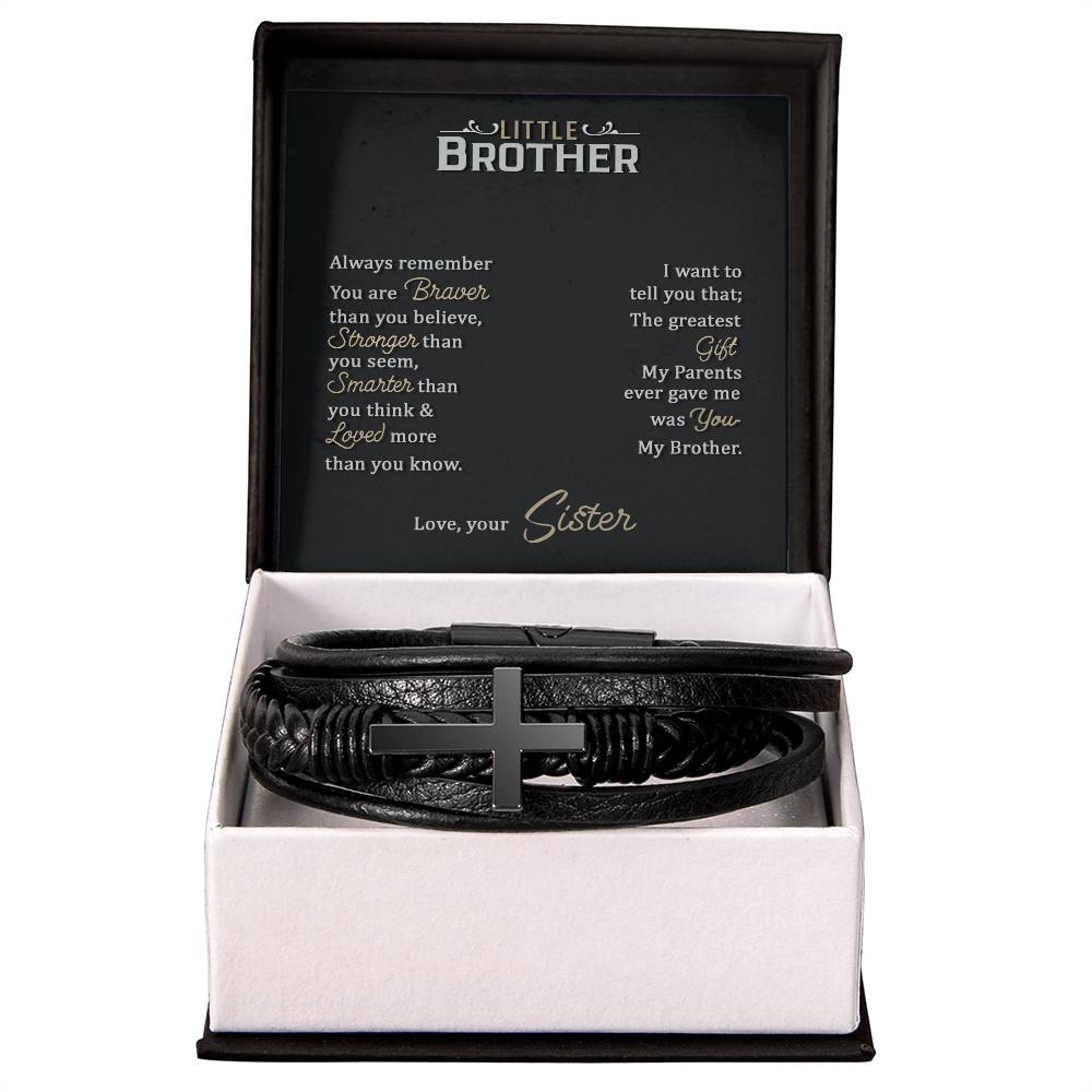 To My Little Brother Love Your Lord With All Your Strength Men's Cross Bracelet - Vegan Leather with Stainless Steel-Express Your Love Gifts