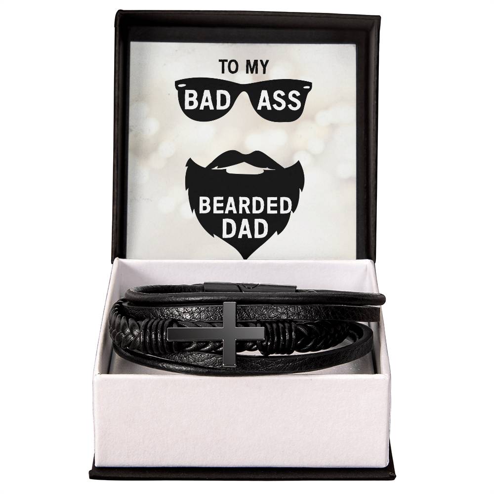 To My Badass Bearded Dad Men's Cross Bracelet - Vegan Leather with Stainless Steel-Express Your Love Gifts