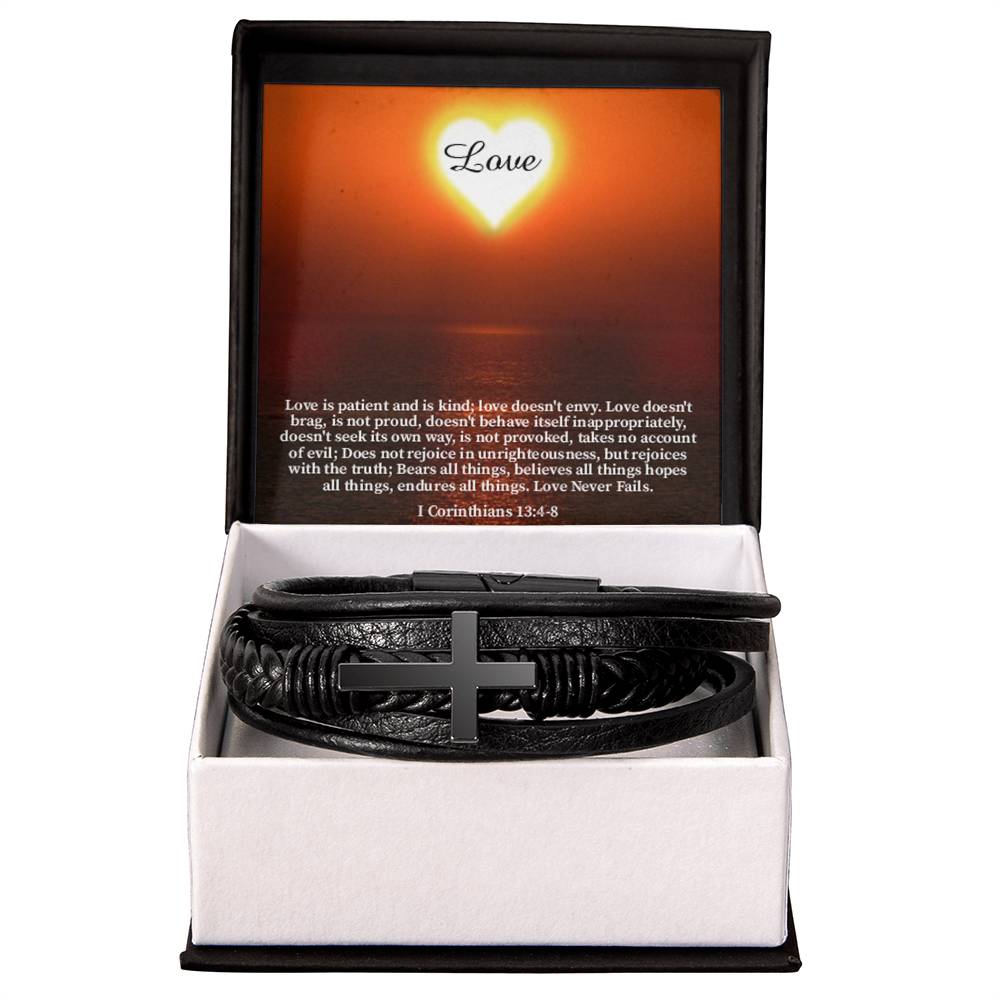 Love Message 1 Corinthians 13:4-8 Men's Stainless Steel & Vegan Leather Cross Bracelet - Vegan Leather with Stainless Steel-Express Your Love Gifts