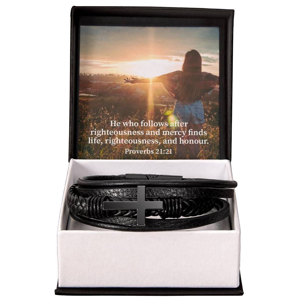 Righteousness and Honour Proverbs 21:21 Men's Stainless Steel &amp; Vegan Leather Cross Bracelet - Vegan Leather with Stainless Steel-Express Your Love Gifts