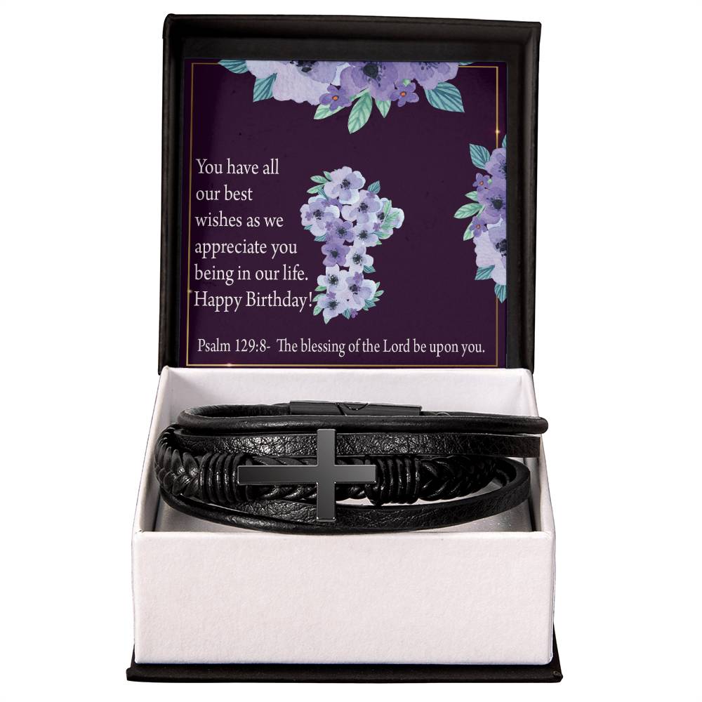 Birthday Appreciation Psalm 129:8 Men's Stainless Steel &amp; Vegan Leather Cross Bracelet - Vegan Leather with Stainless Steel-Express Your Love Gifts