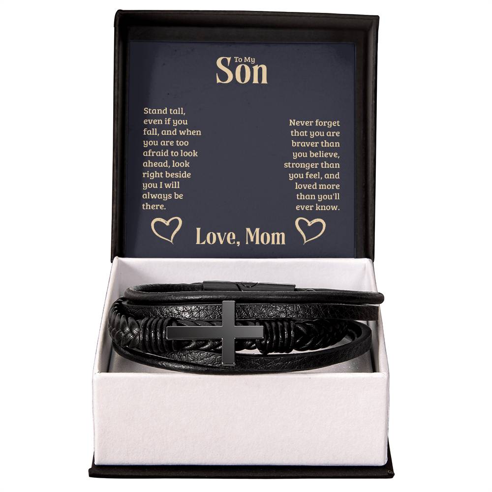 To My Son Stand Tall From Mom Men's Cross Bracelet - Vegan Leather with Stainless Steel-Express Your Love Gifts