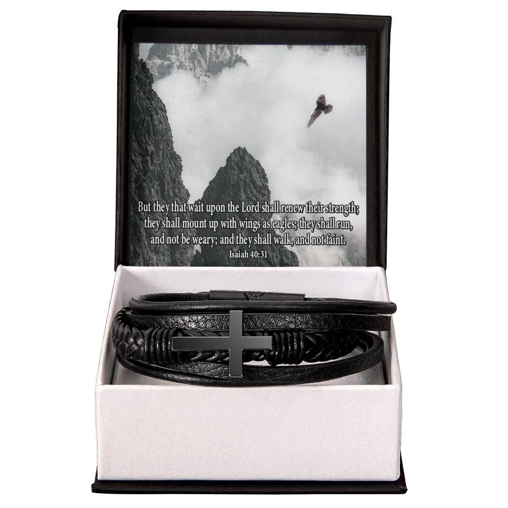 Renew Their Strength Isaiah 40:31 Men's Stainless Steel & Vegan Leather Cross Bracelet - Vegan Leather with Stainless Steel-Express Your Love Gifts