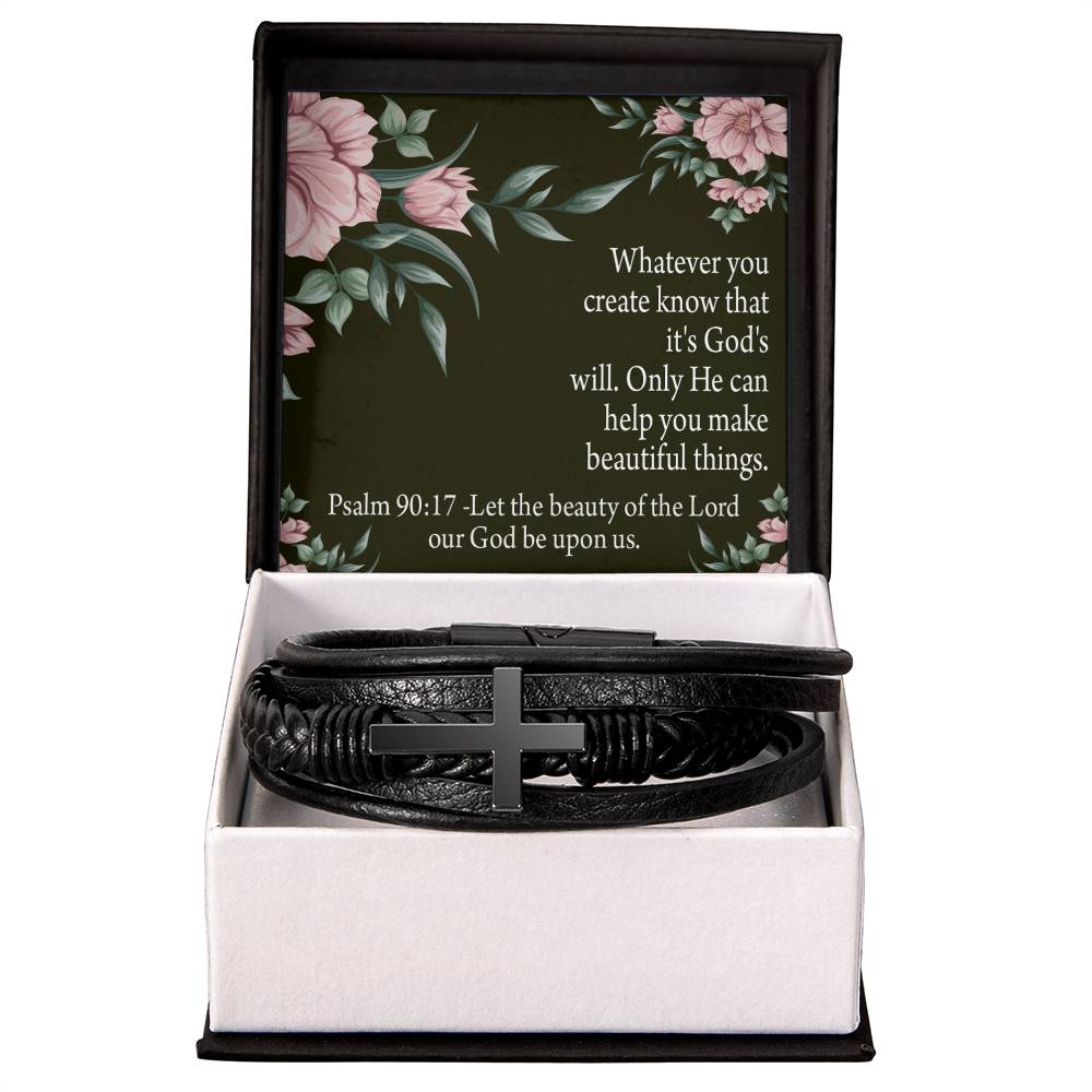 God's Will & Beauty Psalm 90:17 Men's Stainless Steel & Vegan Leather Cross Bracelet - Vegan Leather with Stainless Steel-Express Your Love Gifts