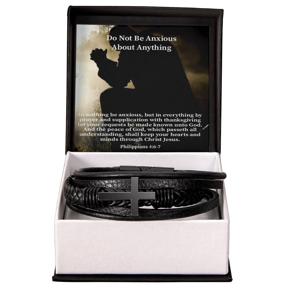 Do Not be Anxious About Anything Philippians 4:6-7 Men's Stainless Steel & Vegan Leather Cross Bracelet - Vegan Leather with Stainless Steel-Express Your Love Gifts