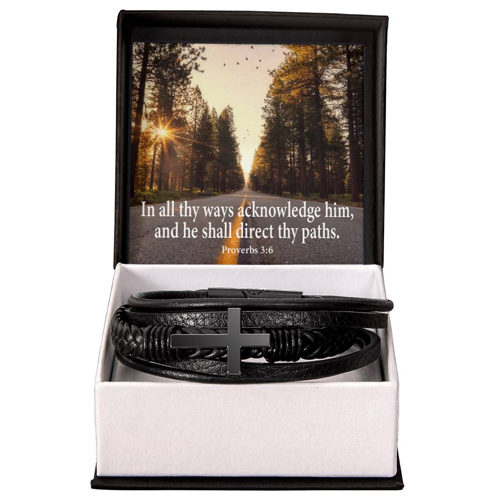Acknowledge Him Proverbs 3:6 Men's Stainless Steel &amp; Vegan Leather Cross Bracelet - Vegan Leather with Stainless Steel-Express Your Love Gifts