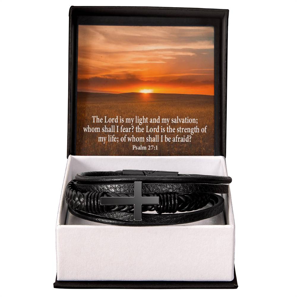 Lord is My Salvation Psalm 27:1 Men's Stainless Steel &amp; Vegan Leather Cross Bracelet - Vegan Leather with Stainless Steel-Express Your Love Gifts