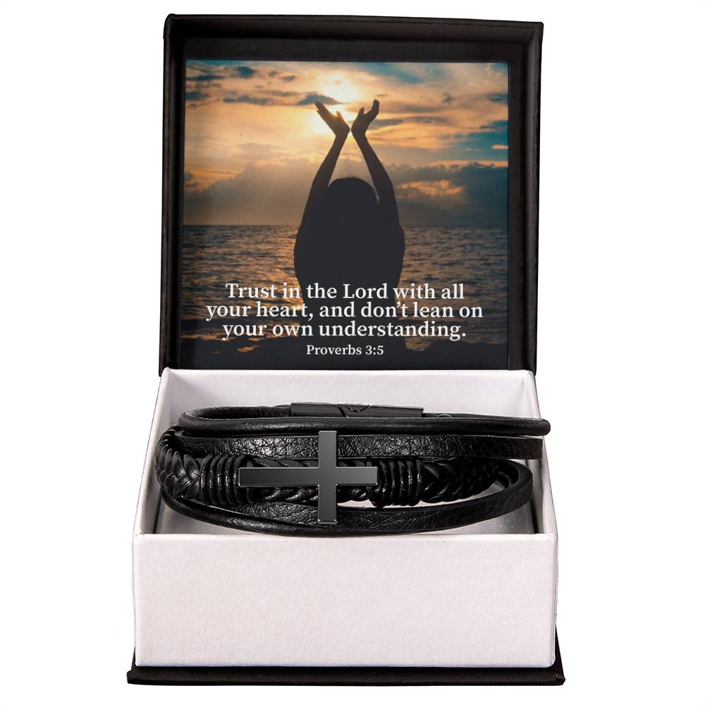 Trust in the Lord Proverbs 3:5 Men's Stainless Steel &amp; Vegan Leather Cross Bracelet - Vegan Leather with Stainless Steel-Express Your Love Gifts