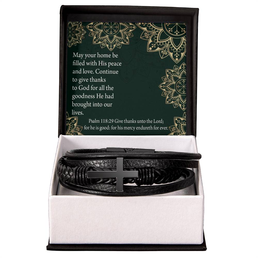 Thanksgiving Psalm 118:29 Men's Stainless Steel &amp; Vegan Leather Cross Bracelet - Vegan Leather with Stainless Steel-Express Your Love Gifts