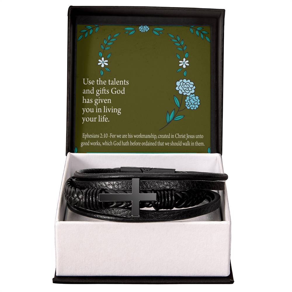 You Are God's Workmanship Ephesians 2:10 Men's Stainless Steel &amp; Vegan Leather Cross Bracelet - Vegan Leather with Stainless Steel-Express Your Love Gifts