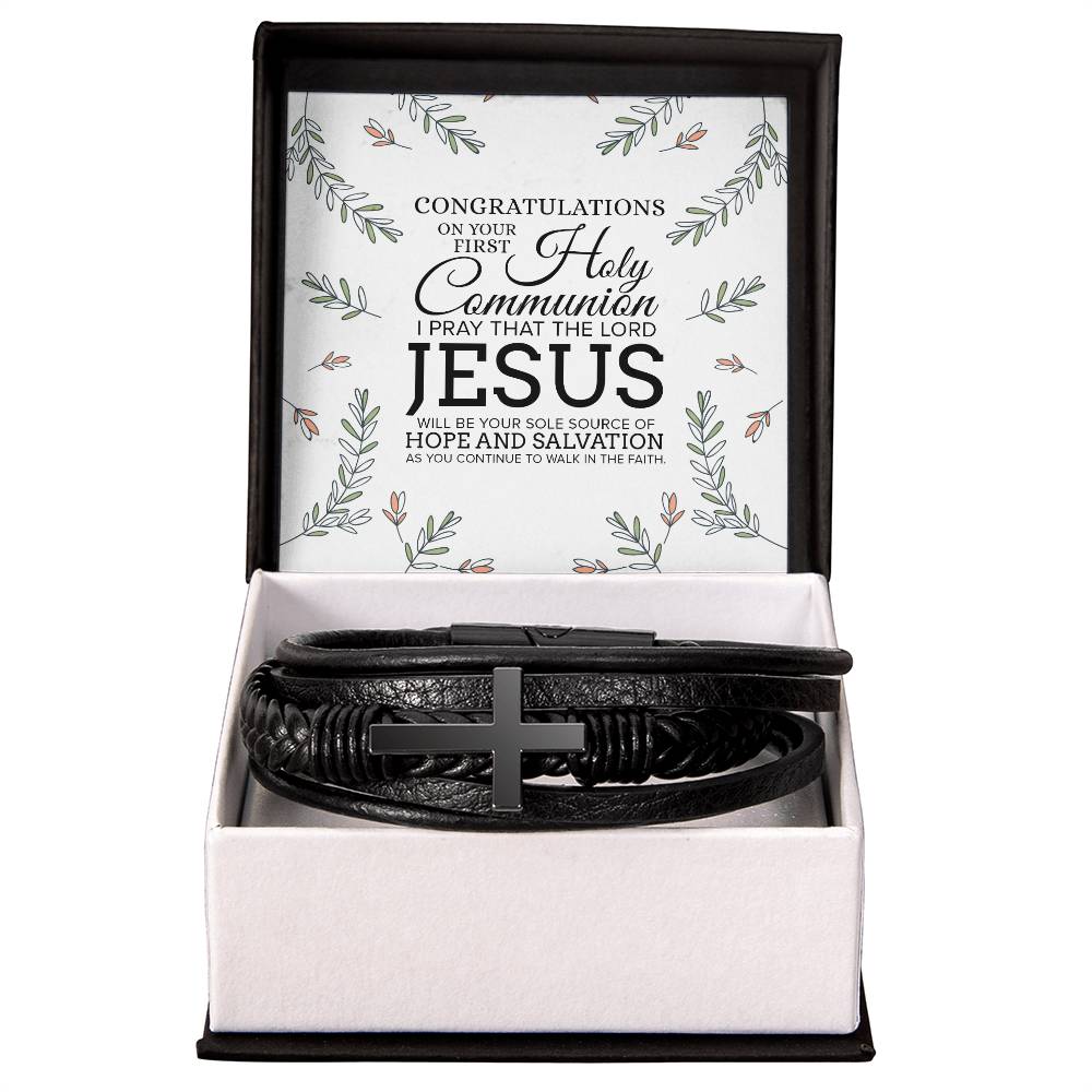 Congratulations on Your First Holy Communion Men's Stainless Steel &amp; Vegan Leather Cross Bracelet - Vegan Leather with Stainless Steel-Express Your Love Gifts