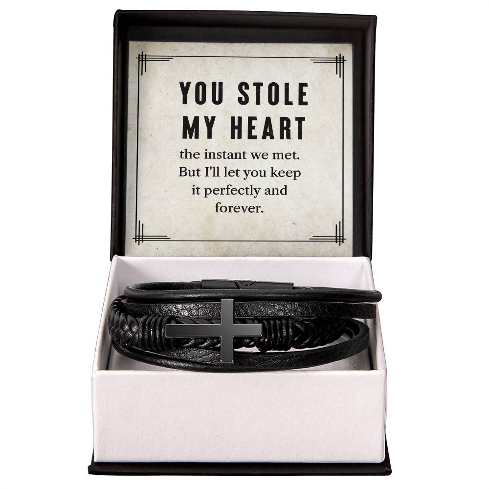 My To Man You Stole My Heart Men's Cross Bracelet - Vegan Leather with Stainless Steel-Express Your Love Gifts