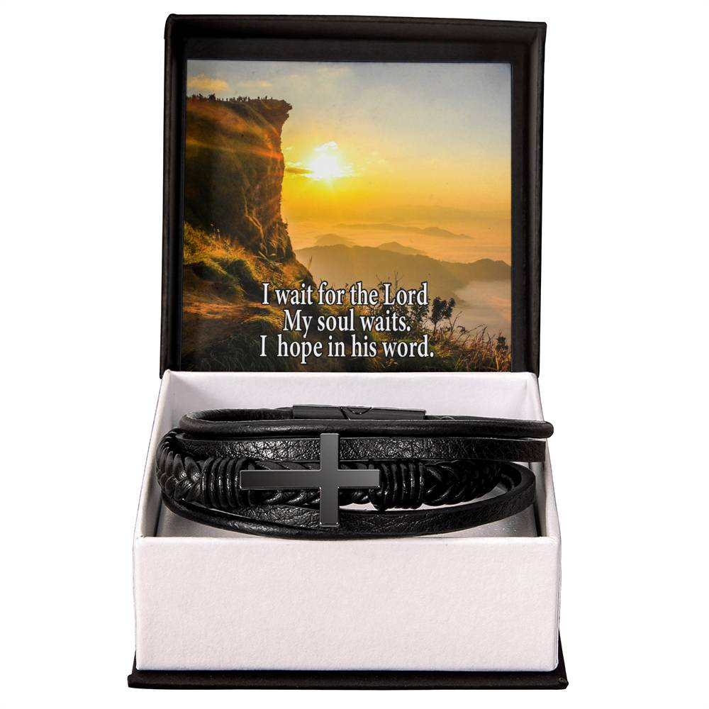 Hope in God Psalm130:5 Men's Stainless Steel & Vegan Leather Cross Bracelet - Vegan Leather with Stainless Steel-Express Your Love Gifts