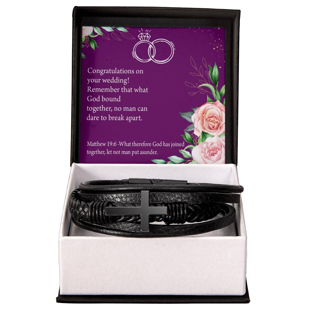 Wedding Message Faith Matthew 9:16 Men's Stainless Steel & Vegan Leather Cross Bracelet - Vegan Leather with Stainless Steel-Express Your Love Gifts