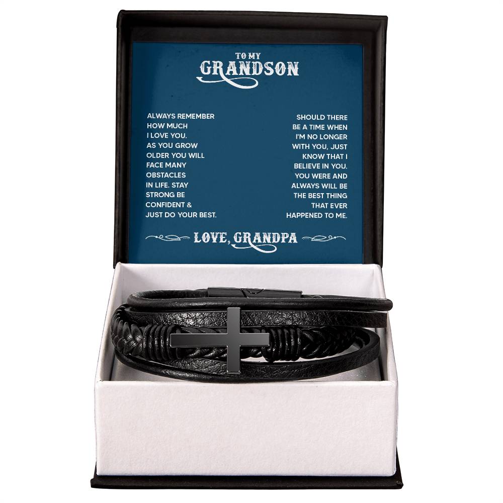 To My Grandson Always Remember From Grandpa Men's Cross Bracelet - Vegan Leather with Stainless Steel-Express Your Love Gifts
