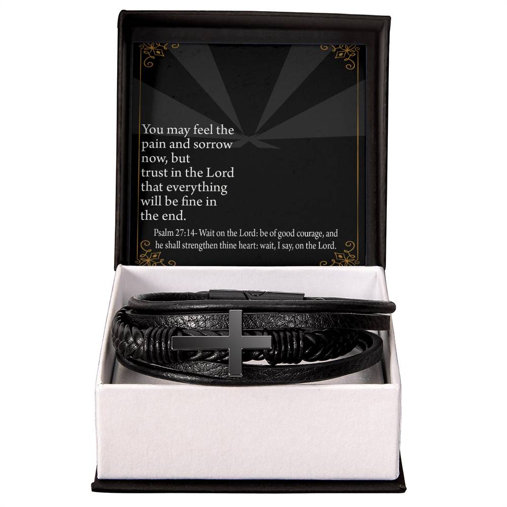 God's Strength Psalm 27:14 Men's Stainless Steel & Vegan Leather Cross Bracelet - Vegan Leather with Stainless Steel-Express Your Love Gifts