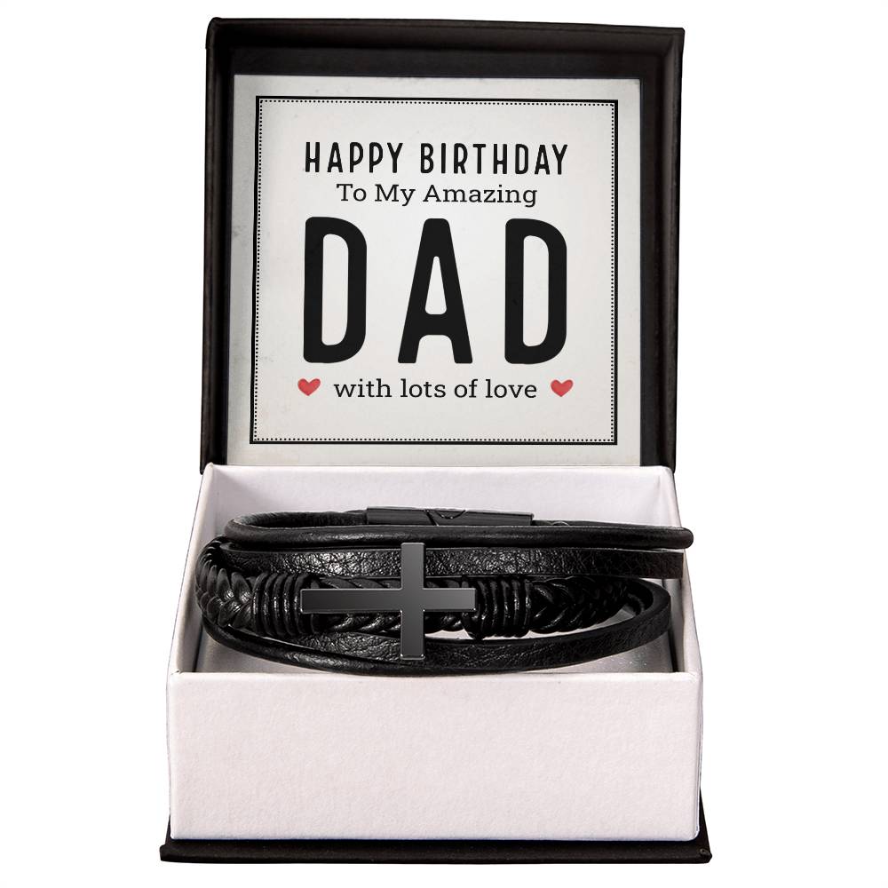 Happy Birthday to My Amazing Dad Men's Cross Bracelet - Vegan Leather with Stainless Steel-Express Your Love Gifts