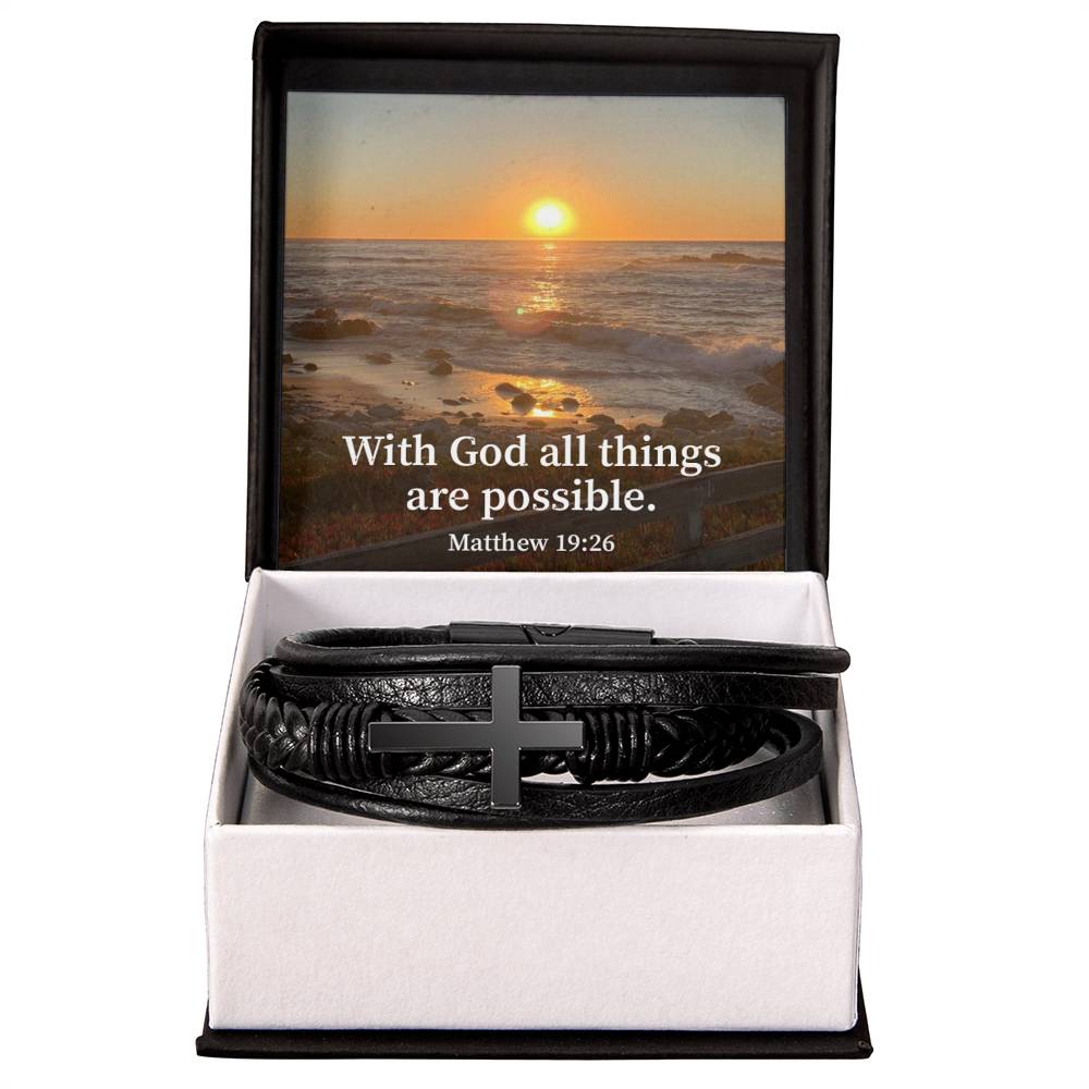 With God All Things are Possible Matthew 19:26 Men's Stainless Steel &amp; Vegan Leather Cross Bracelet - Vegan Leather with Stainless Steel-Express Your Love Gifts