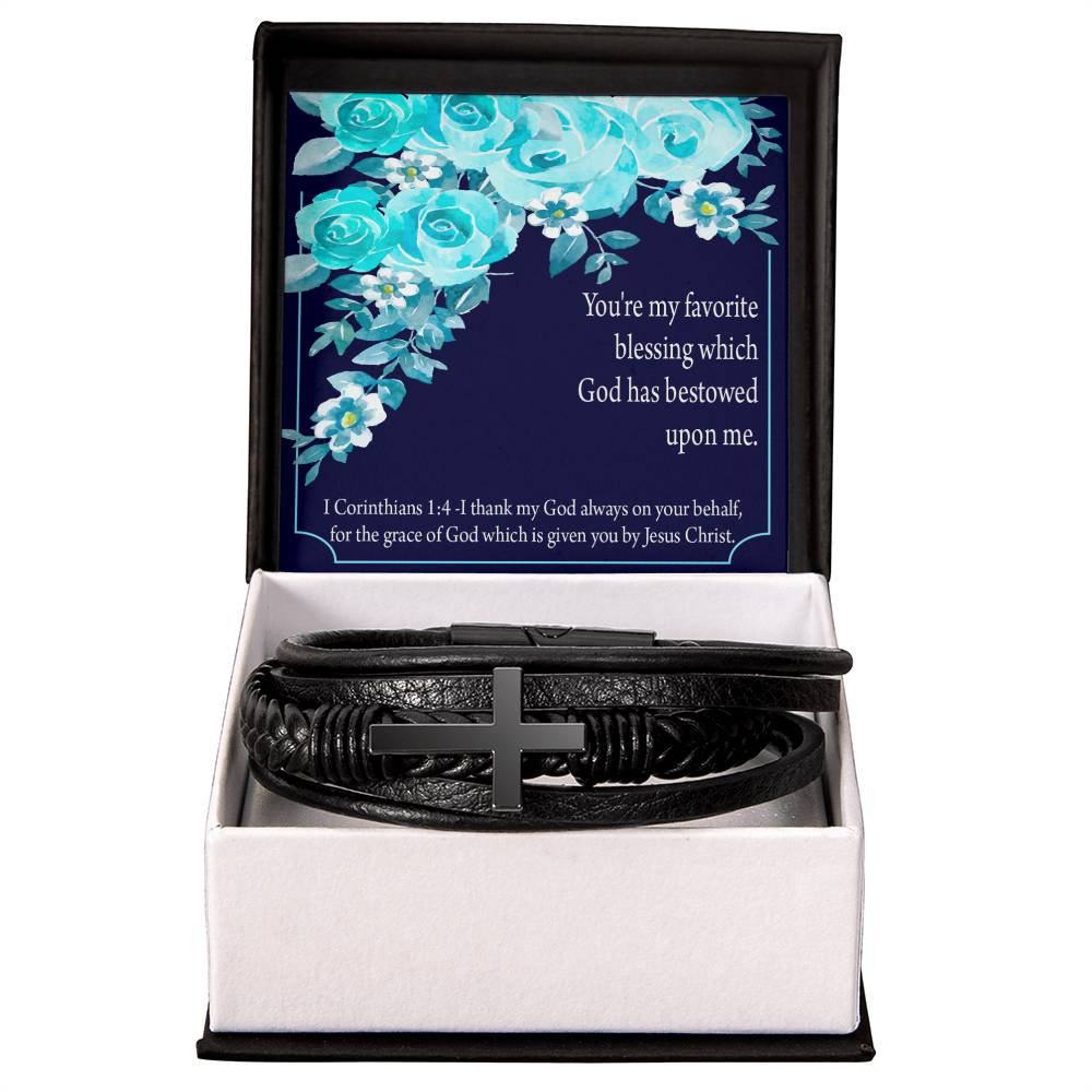 Thinking of You 1 Corinthians 1:4 Men's Stainless Steel & Vegan Leather Cross Bracelet - Vegan Leather with Stainless Steel-Express Your Love Gifts