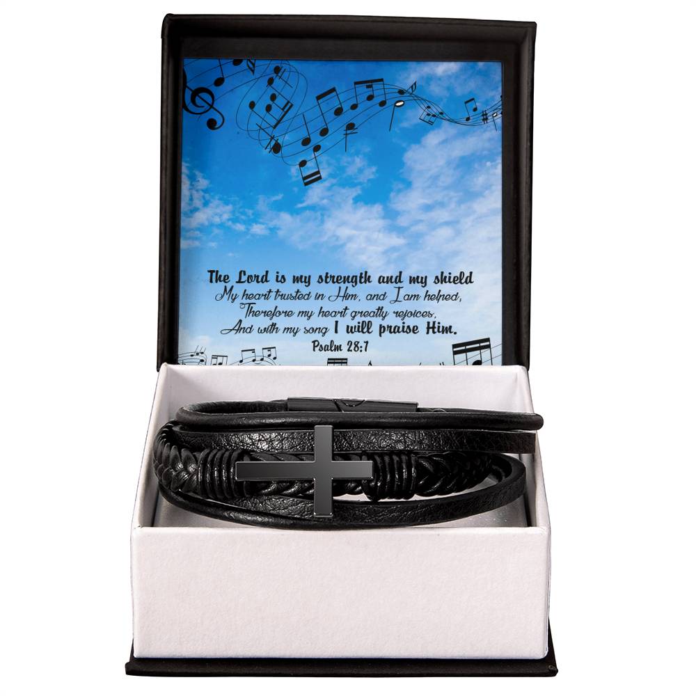 Lord is My Strength Psalm 28:7 Men's Stainless Steel & Vegan Leather Cross Bracelet - Vegan Leather with Stainless Steel-Express Your Love Gifts