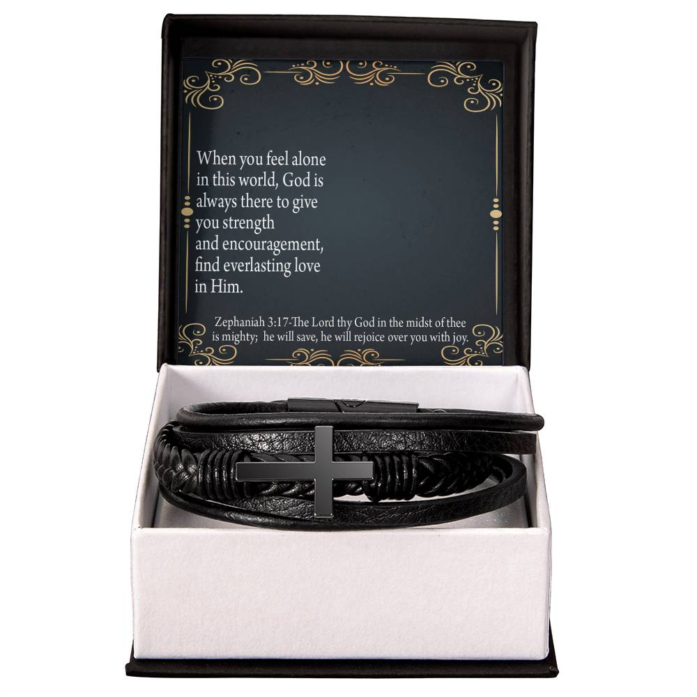 Care &amp; Concern Zephaniah 3:17 Men's Stainless Steel &amp; Vegan Leather Cross Bracelet - Vegan Leather with Stainless Steel-Express Your Love Gifts