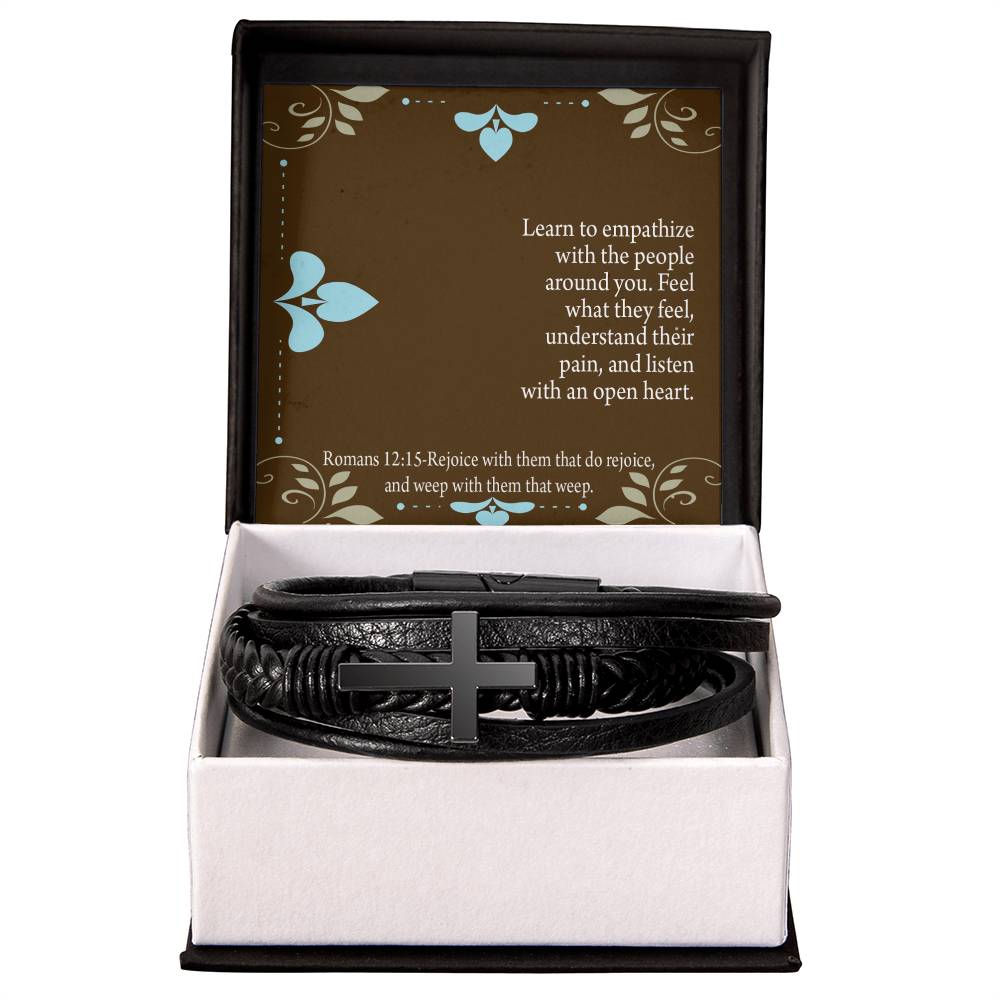 Empathy &amp; Understanding Romans 12:15 Men's Stainless Steel &amp; Vegan Leather Cross Bracelet - Vegan Leather with Stainless Steel-Express Your Love Gifts