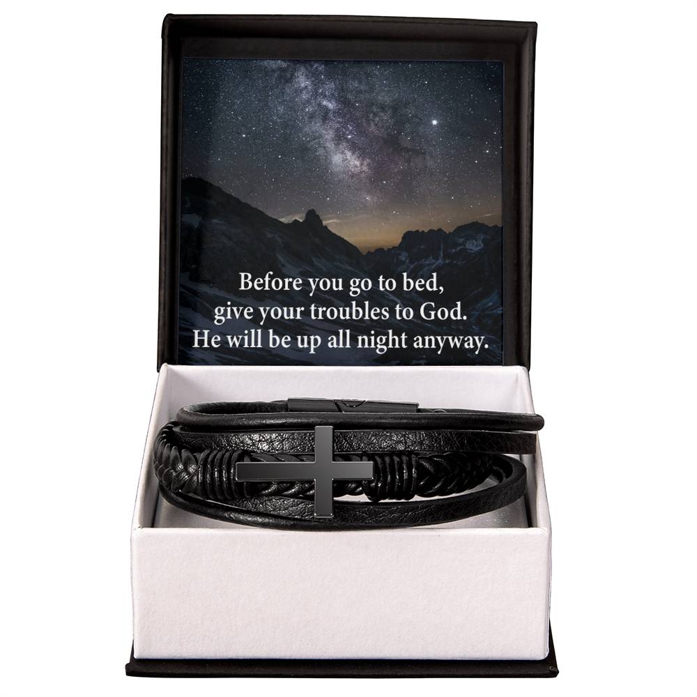 Give Your Trouble to God Men's Stainless Steel & Vegan Leather Cross Bracelet - Vegan Leather with Stainless Steel-Express Your Love Gifts
