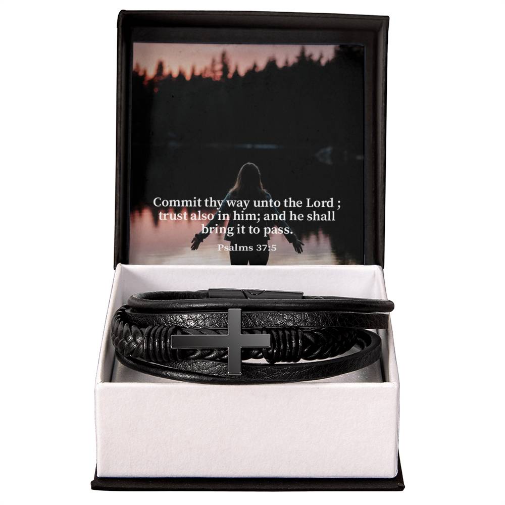 Commit Psalm 37:5 Men's Stainless Steel & Vegan Leather Cross Bracelet - Vegan Leather with Stainless Steel-Express Your Love Gifts