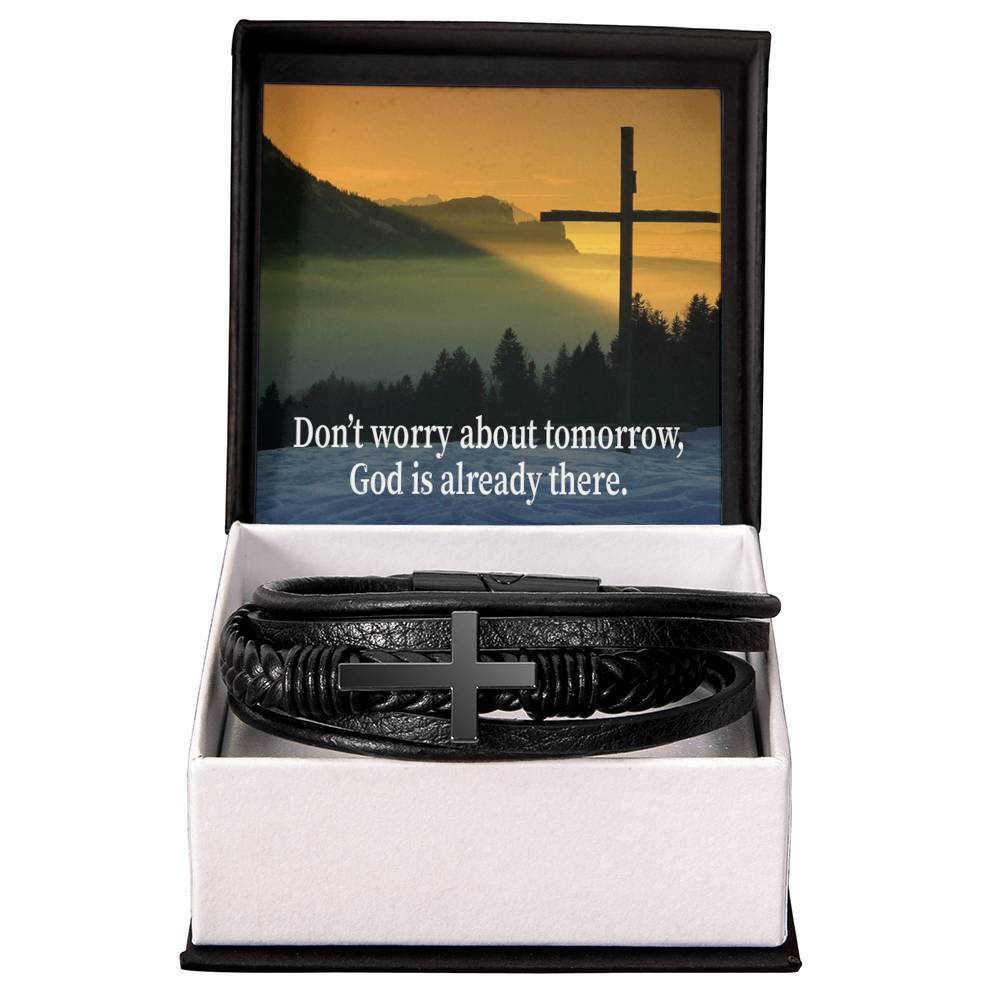 Don’t Worry About Tomorrow Men's Stainless Steel & Vegan Leather Cross Bracelet - Vegan Leather with Stainless Steel-Express Your Love Gifts