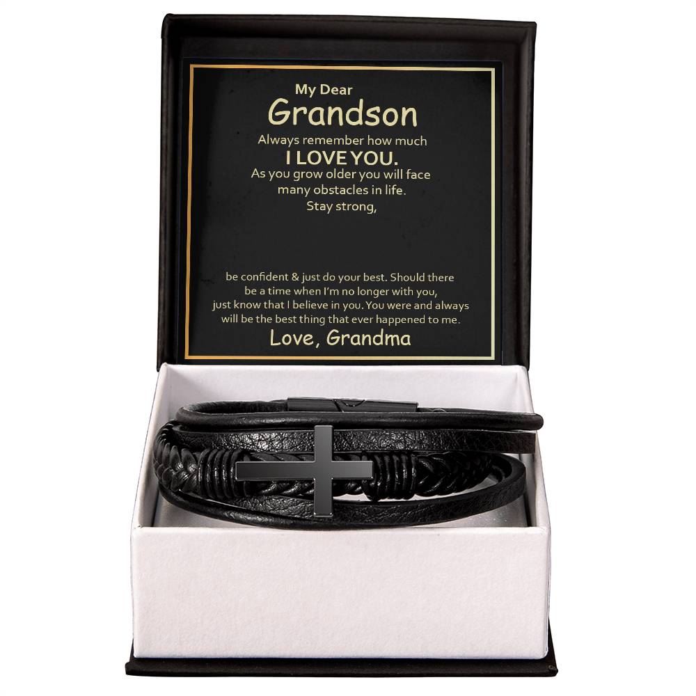 To My Grandson Always Remember How Much I Love You Men's Cross Bracelet - Vegan Leather with Stainless Steel-Express Your Love Gifts