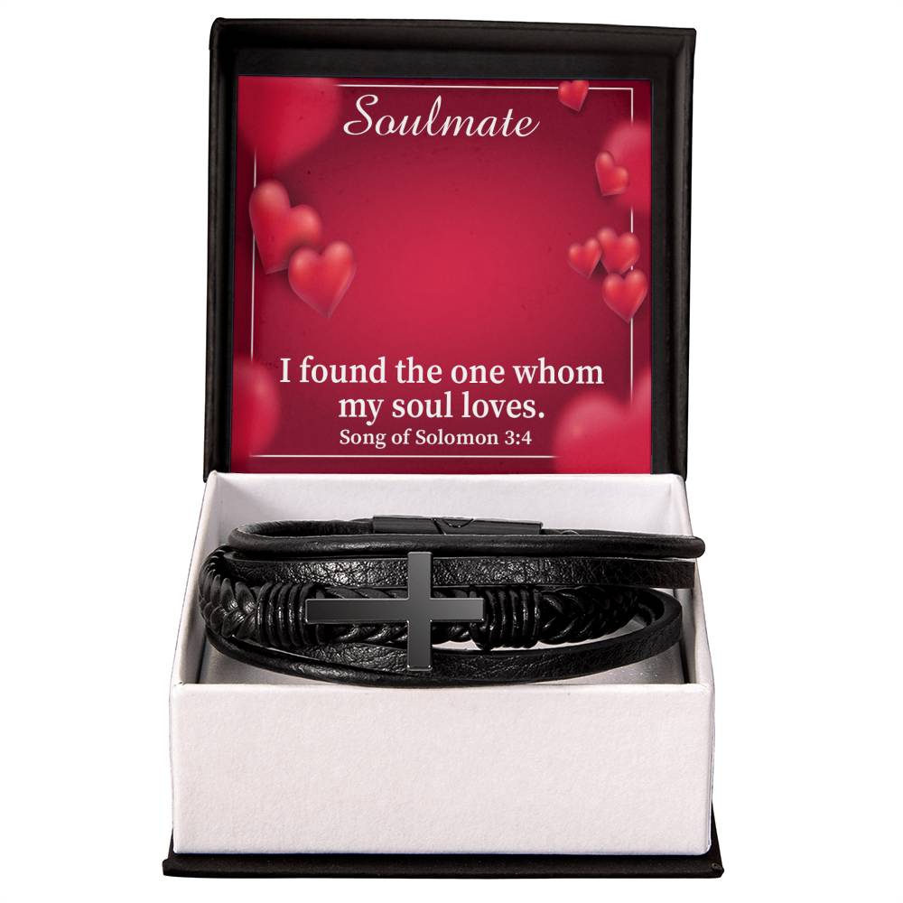 My Soul Loves Song of Solomon 3:4 Men's Stainless Steel &amp; Vegan Leather Cross Bracelet - Vegan Leather with Stainless Steel-Express Your Love Gifts