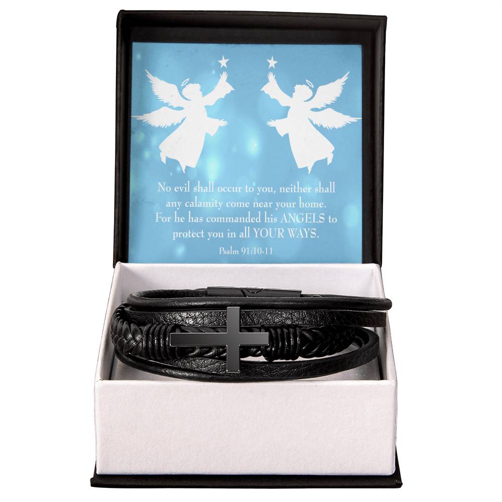 Psalm 91 Blue Men's Stainless Steel &amp; Vegan Leather Cross Bracelet - Vegan Leather with Stainless Steel-Express Your Love Gifts