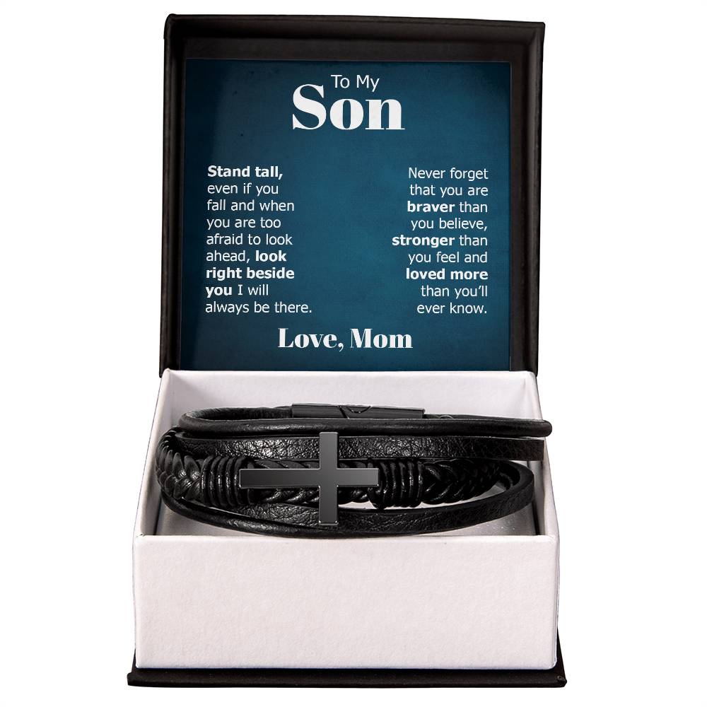 To My Son Stand Tall Even if You Fall Men's Cross Bracelet - Vegan Leather with Stainless Steel-Express Your Love Gifts