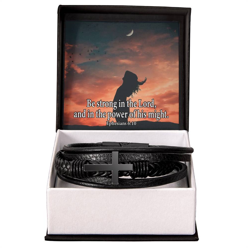 Be Strong in The Lord Ephesians 6:10 Men's Stainless Steel &amp; Vegan Leather Cross Bracelet - Vegan Leather with Stainless Steel-Express Your Love Gifts