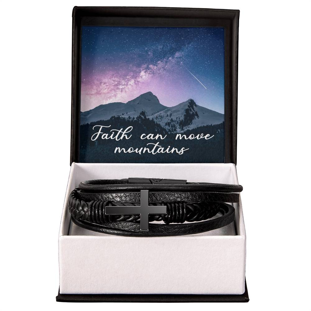 Faith Can Move Mountains Men's Stainless Steel &amp; Vegan Leather Cross Bracelet - Vegan Leather with Stainless Steel-Express Your Love Gifts
