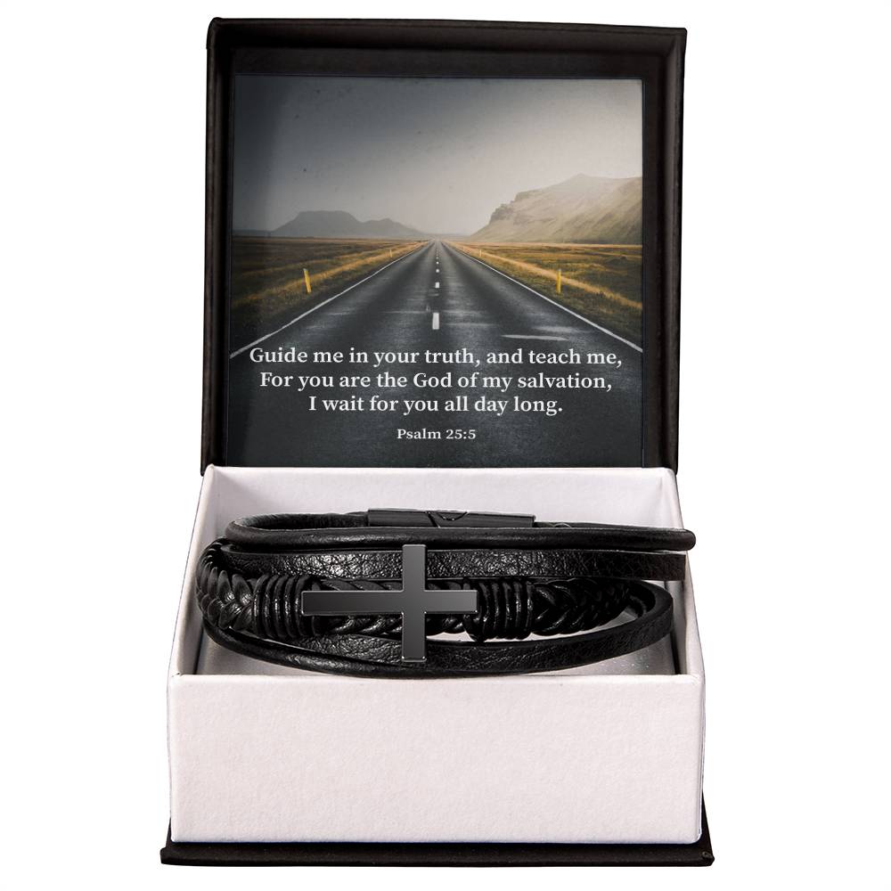 Guide Me Psalm 25:5 Men's Stainless Steel & Vegan Leather Cross Bracelet - Vegan Leather with Stainless Steel-Express Your Love Gifts