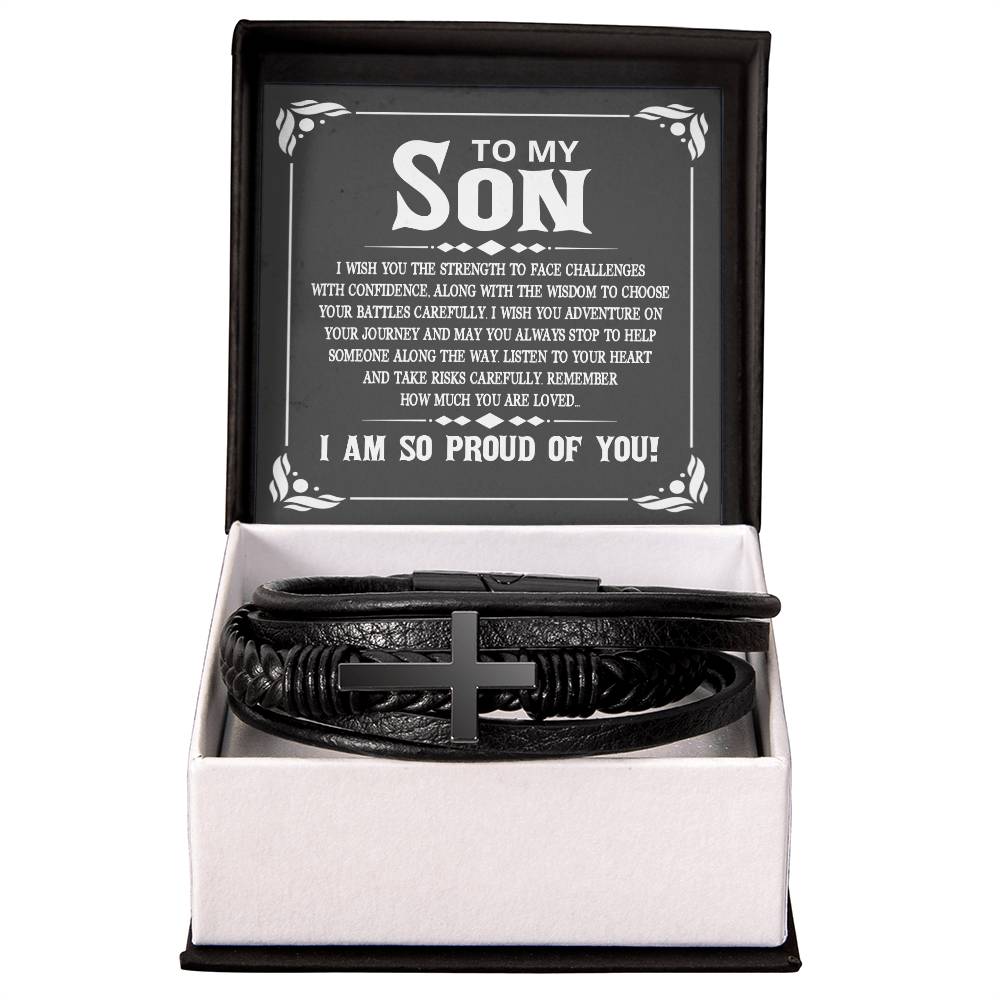 To My Son I Wish You the Strength to Face Challenges Men's Cross Bracelet - Vegan Leather with Stainless Steel-Express Your Love Gifts