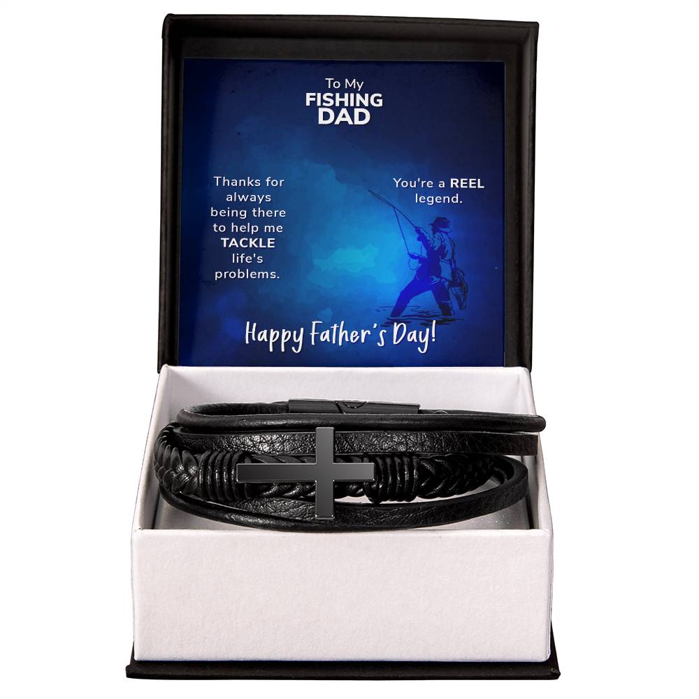To My Fishing Dad Thanks for Always Being There Men's Cross Bracelet - Vegan Leather with Stainless Steel-Express Your Love Gifts