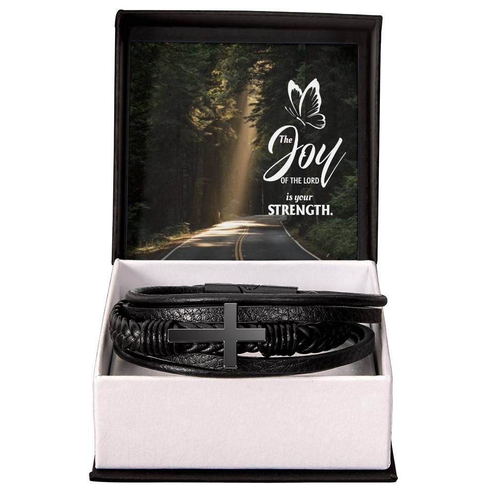 The Joy of The Lord is Your Strength Men's Stainless Steel & Vegan Leather Cross Bracelet - Vegan Leather with Stainless Steel-Express Your Love Gifts