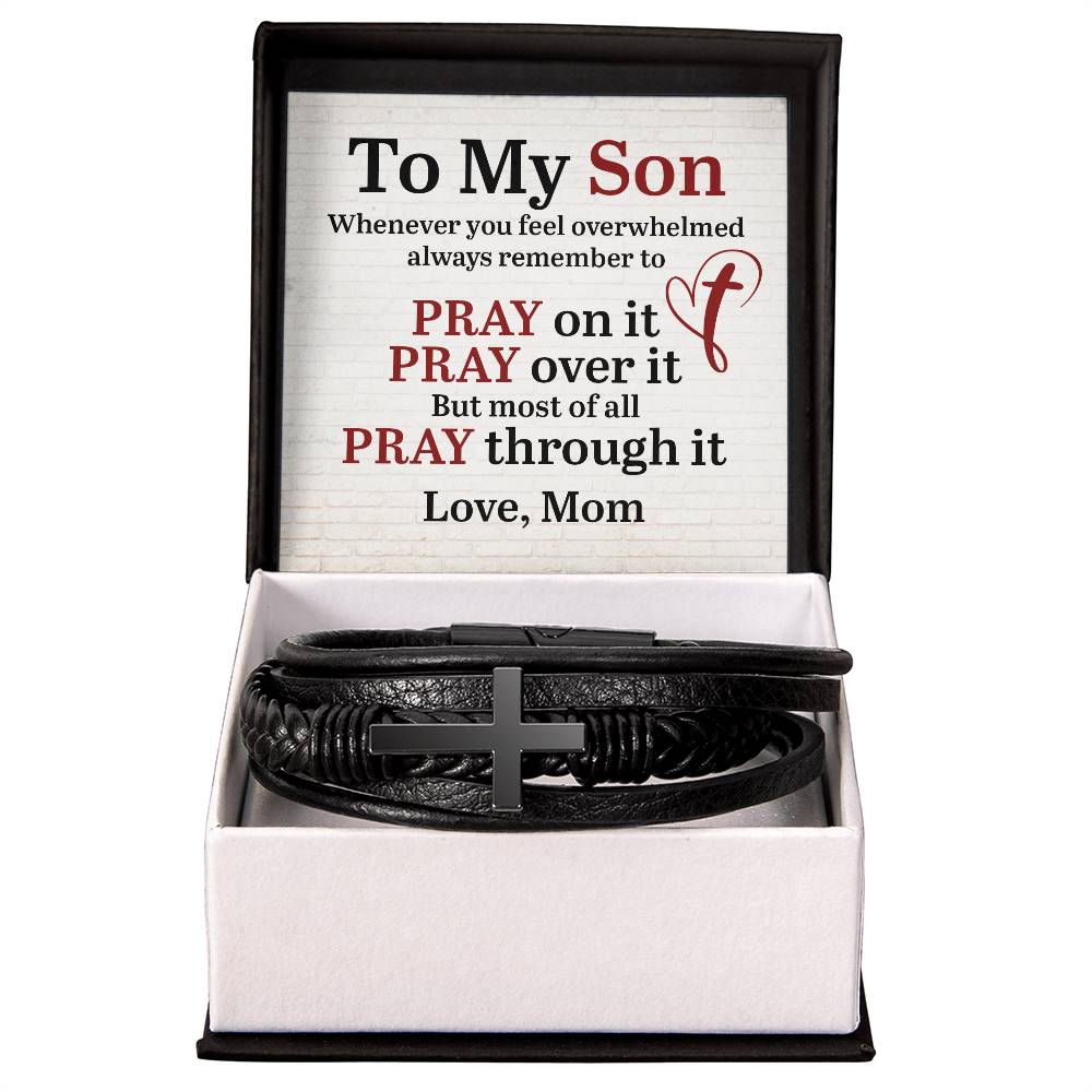 To My Son From Mom Pray on it Men's Cross Bracelet - Vegan Leather with Stainless Steel-Express Your Love Gifts