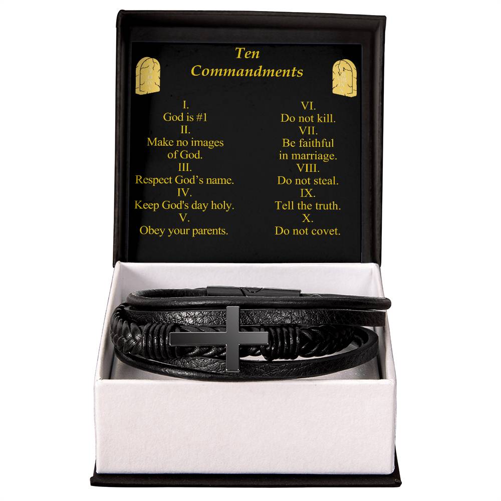 Ten Commandments Men's Stainless Steel &amp; Vegan Leather Cross Bracelet - Vegan Leather with Stainless Steel-Express Your Love Gifts