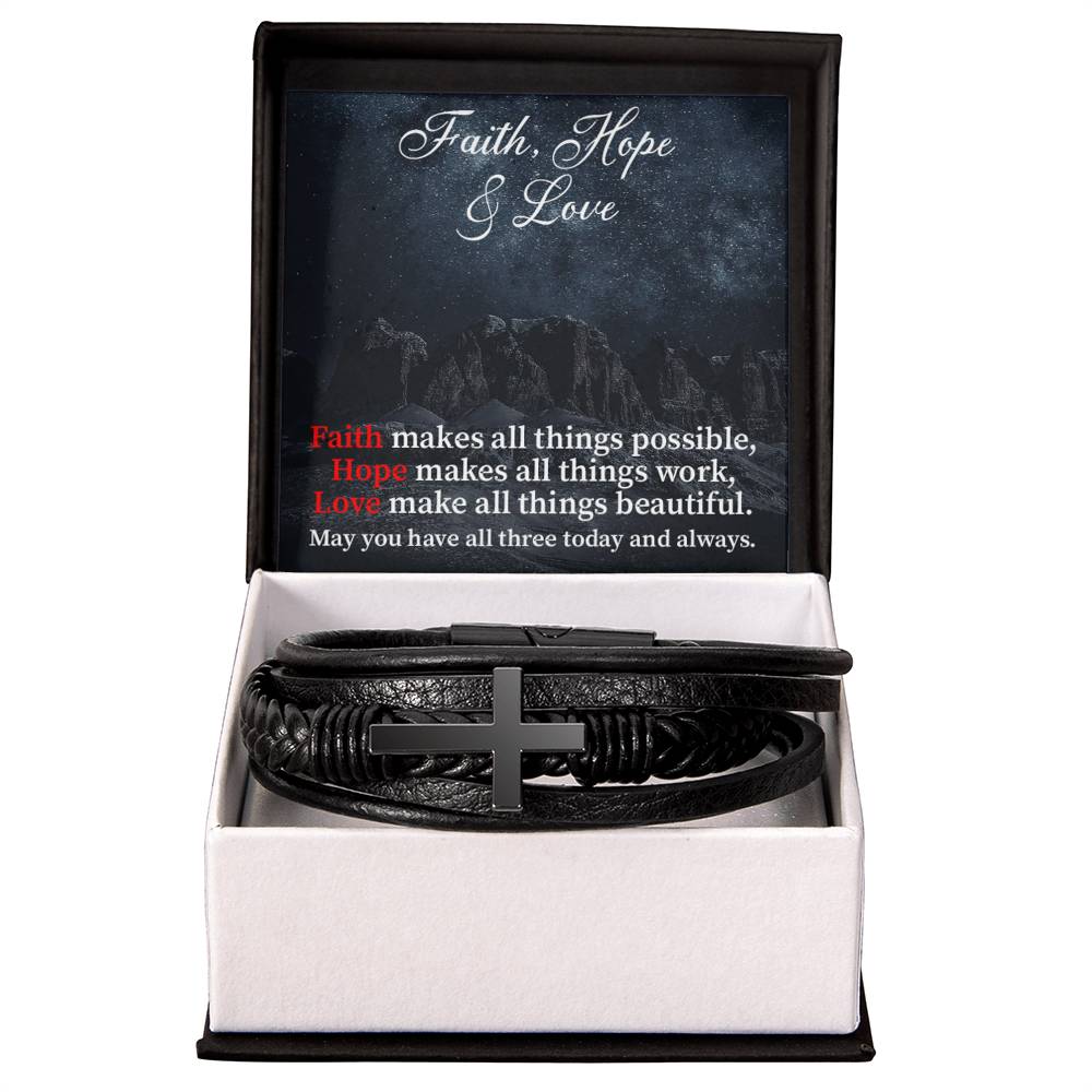 Faith Hope & Love Men's Stainless Steel & Vegan Leather Cross Bracelet - Vegan Leather with Stainless Steel-Express Your Love Gifts